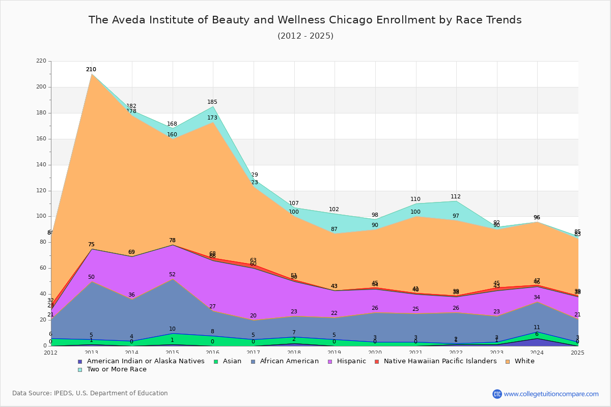 The Aveda Institute of Beauty and Wellness Chicago Enrollment by Race Trends Chart