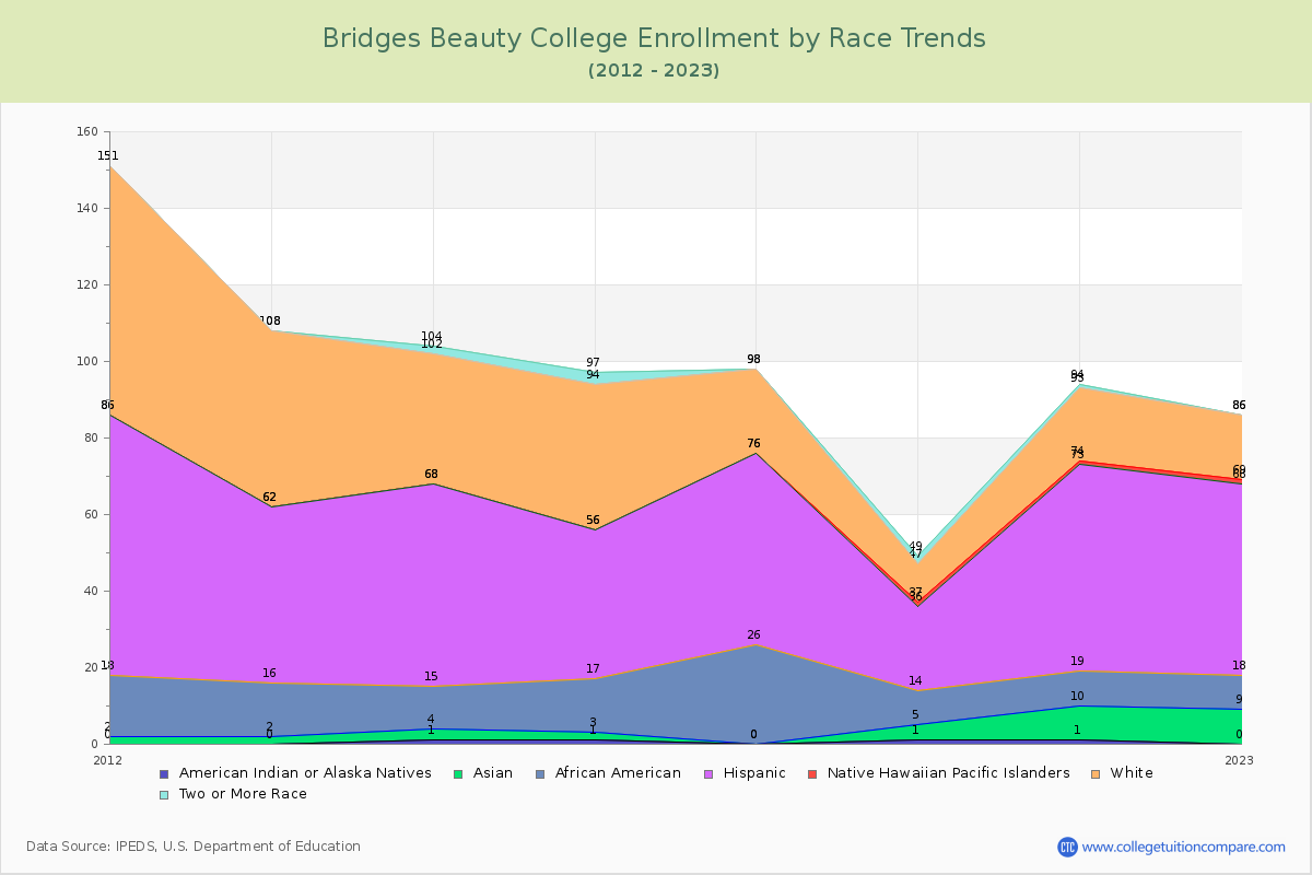 Bridges Beauty College Enrollment by Race Trends Chart