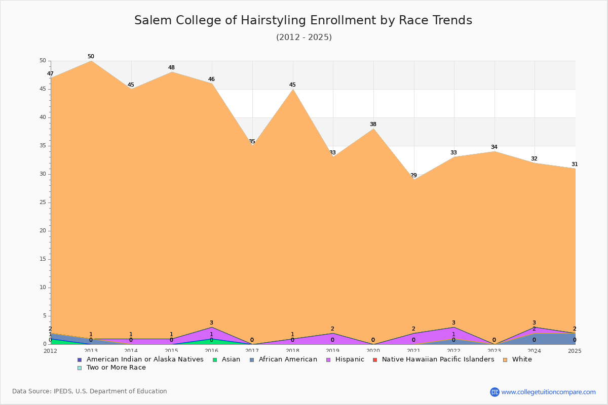 Salem College of Hairstyling Enrollment by Race Trends Chart