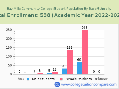 Bay Mills Community College 2023 Student Population by Gender and Race chart