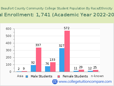 Beaufort County Community College 2023 Student Population by Gender and Race chart