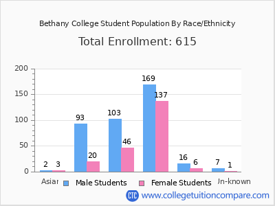 Bethany College 2025 Student Population by Gender and Race chart