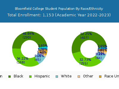 Bloomfield College 2023 Student Population by Gender and Race chart
