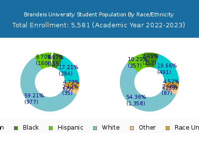 Brandeis University 2023 Student Population by Gender and Race chart