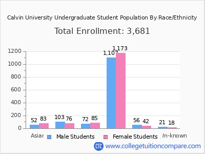 Calvin University 2025 Undergraduate Enrollment by Gender and Race chart
