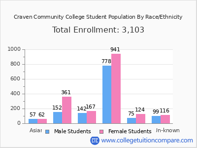 Craven Community College 2025 Student Population by Gender and Race chart