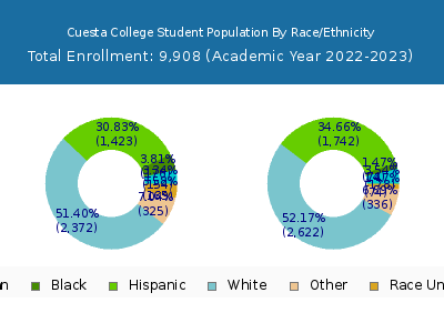 Cuesta College 2023 Student Population by Gender and Race chart