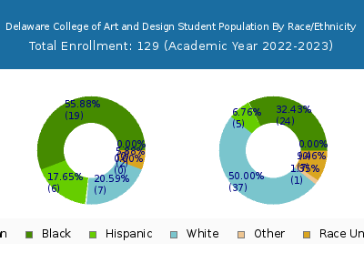 Delaware College of Art and Design 2023 Student Population by Gender and Race chart