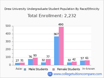 Drew University 2025 Undergraduate Enrollment by Gender and Race chart
