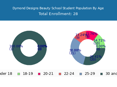 Dymond Designs Beauty School 2024 Student Population Age Diversity Pie chart