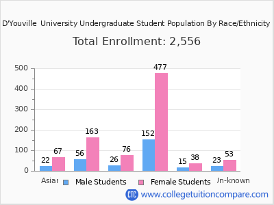 D'Youville  University 2025 Undergraduate Enrollment by Gender and Race chart