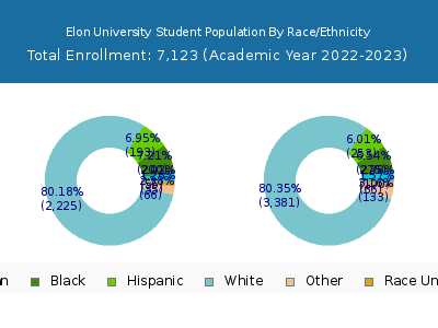Elon University 2023 Student Population by Gender and Race chart