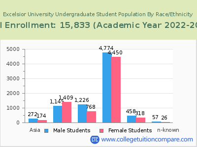 Excelsior University 2023 Undergraduate Enrollment by Gender and Race chart