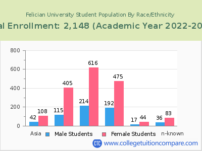 Felician University 2023 Student Population by Gender and Race chart