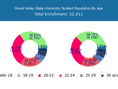 Grand Valley State University 2025 Student Population Age Diversity Pie chart