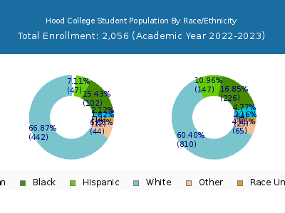 Hood College 2023 Student Population by Gender and Race chart