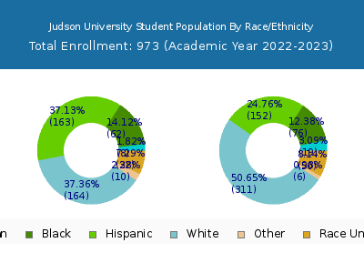 Judson University 2023 Student Population by Gender and Race chart
