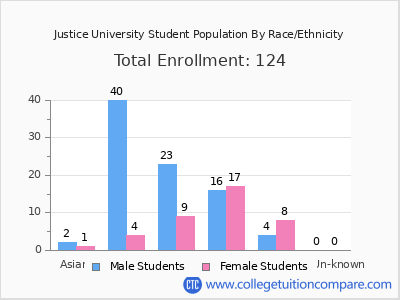 Justice University 2025 Student Population by Gender and Race chart