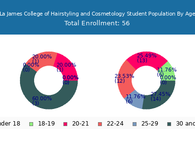La James College of Hairstyling and Cosmetology 2024 Student Population Age Diversity Pie chart