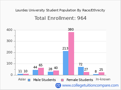Lourdes University 2025 Student Population by Gender and Race chart