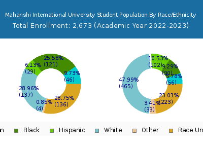 Maharishi International University 2023 Student Population by Gender and Race chart
