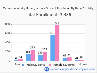 Marian University 2025 Undergraduate Enrollment by Gender and Race chart