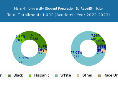 Mars Hill University 2023 Student Population by Gender and Race chart