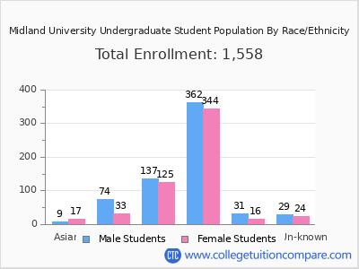 Midland University 2025 Undergraduate Enrollment by Gender and Race chart