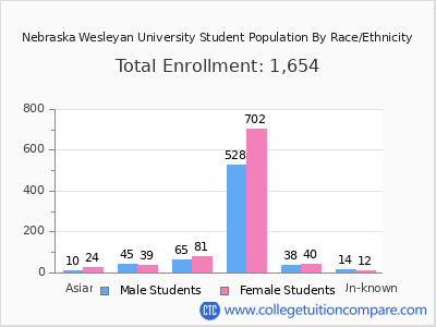 Nebraska Wesleyan University 2025 Student Population by Gender and Race chart