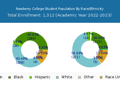 Newberry College 2023 Student Population by Gender and Race chart