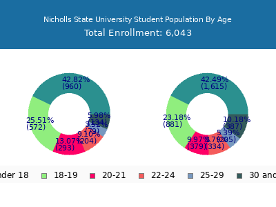 Nicholls State University 2025 Student Population Age Diversity Pie chart