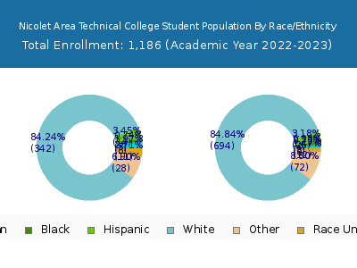 Nicolet Area Technical College 2023 Student Population by Gender and Race chart