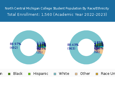 North Central Michigan College 2023 Student Population by Gender and Race chart
