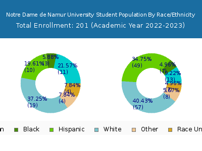 Notre Dame de Namur University 2023 Student Population by Gender and Race chart