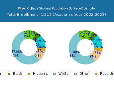 Pitzer College 2023 Student Population by Gender and Race chart