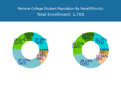 Pomona College 2025 Student Population by Gender and Race chart