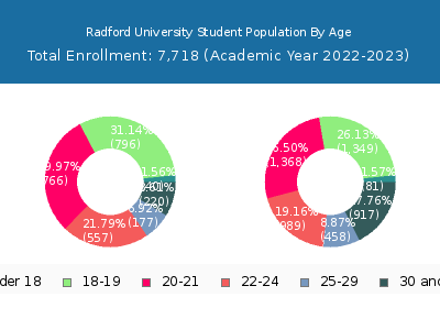Radford University 2023 Student Population Age Diversity Pie chart