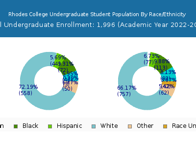 Rhodes College 2023 Undergraduate Enrollment by Gender and Race chart