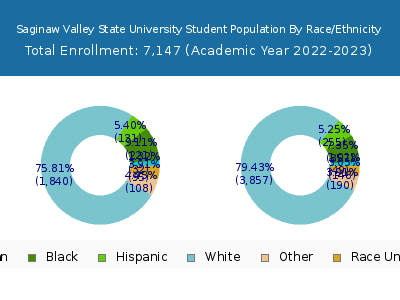Saginaw Valley State University 2023 Student Population by Gender and Race chart