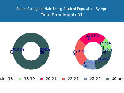 Salem College of Hairstyling 2024 Student Population Age Diversity Pie chart