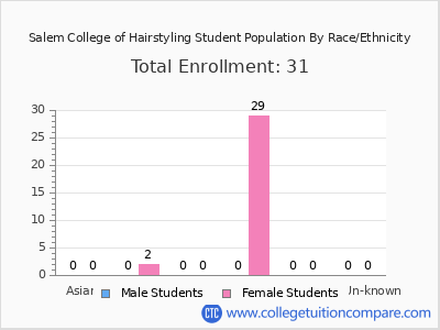 Salem College of Hairstyling 2025 Student Population by Gender and Race chart