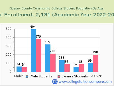 Sussex County Community College 2023 Student Population by Age chart