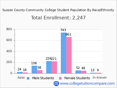 Sussex County Community College 2025 Student Population by Gender and Race chart