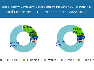 Sussex County Community College 2023 Student Population by Gender and Race chart