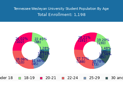 Tennessee Wesleyan University 2024 Student Population Age Diversity Pie chart