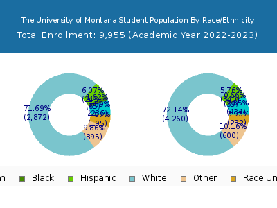The University of Montana 2023 Student Population by Gender and Race chart