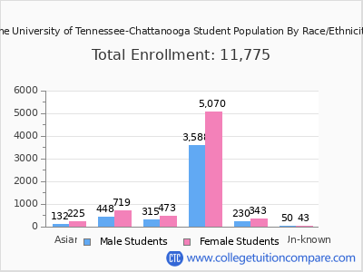 The University of Tennessee-Chattanooga 2025 Student Population by Gender and Race chart