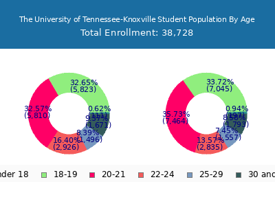 The University of Tennessee-Knoxville 2025 Student Population Age Diversity Pie chart