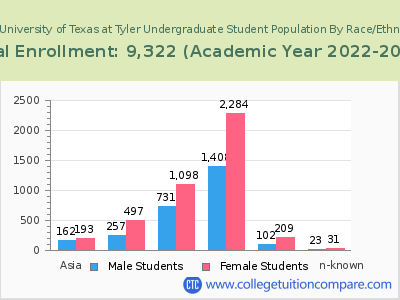 The University of Texas at Tyler 2023 Undergraduate Enrollment by Gender and Race chart