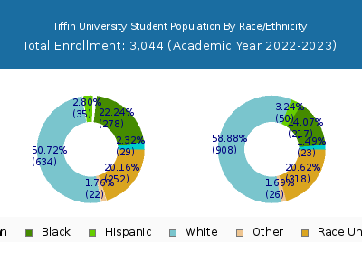Tiffin University 2023 Student Population by Gender and Race chart